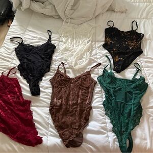 6 Lace & Satin Bodysuit Set in Black, White, Emerald, Brown, Red, and Black-Gold